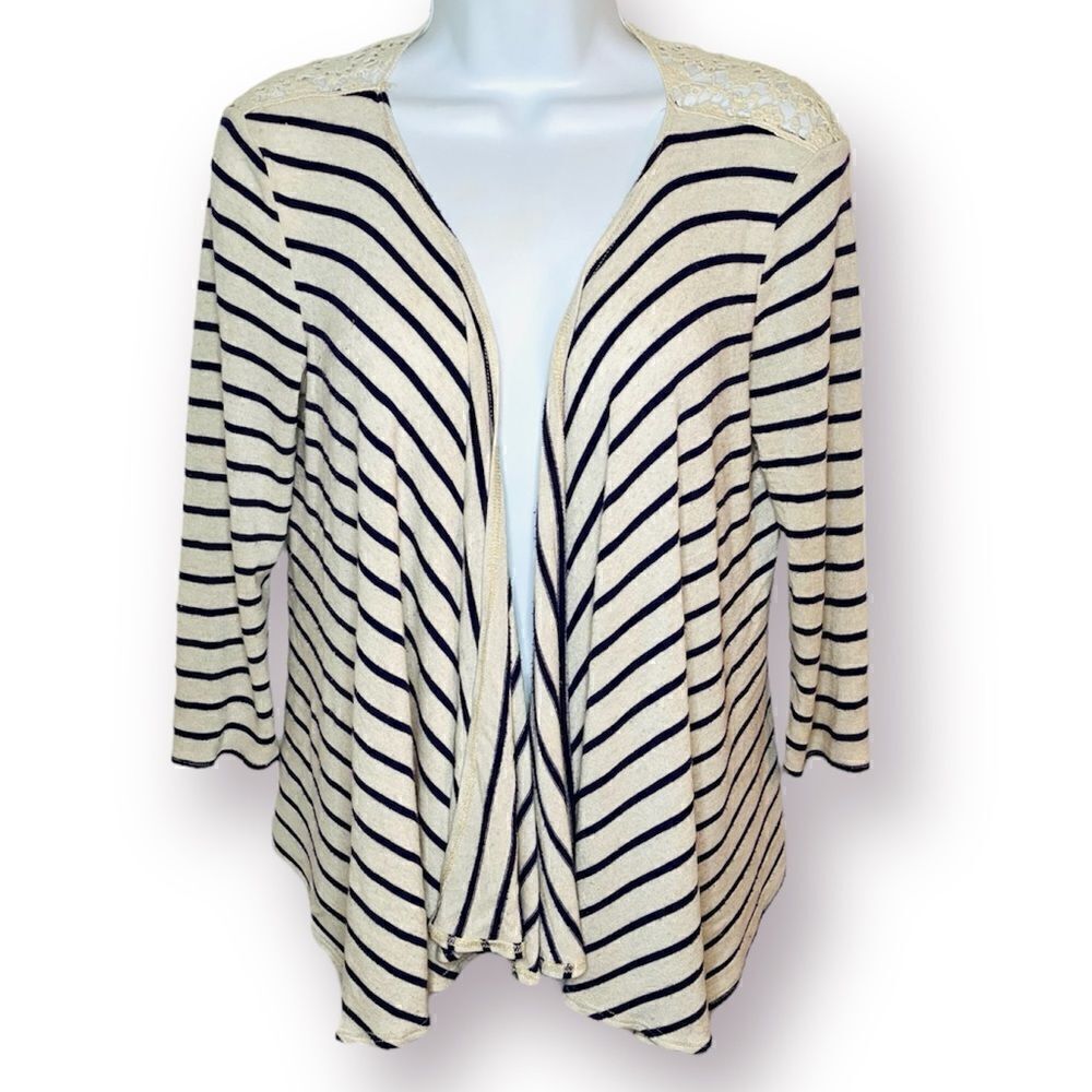 Delia’s Purple Stripe Lace Shoulder Open Front Drapey Knit Cardigan Cream S